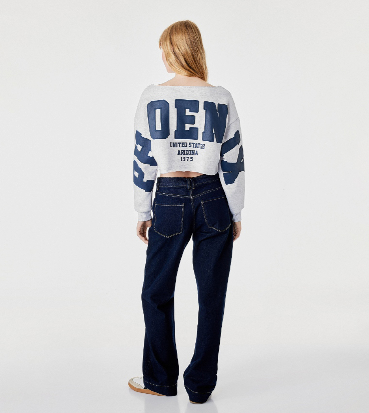 Typography Crew Neck Oversized Crop Sweatshirt