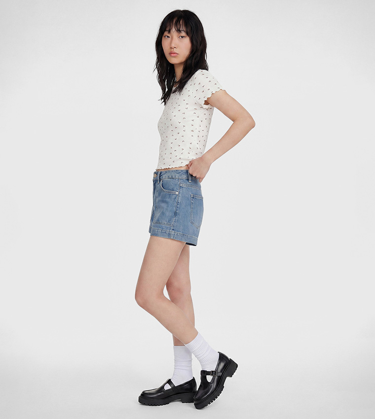 Washed Button Closure Denim Shorts