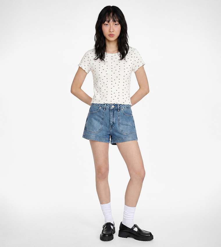 Washed Button Closure Denim Shorts