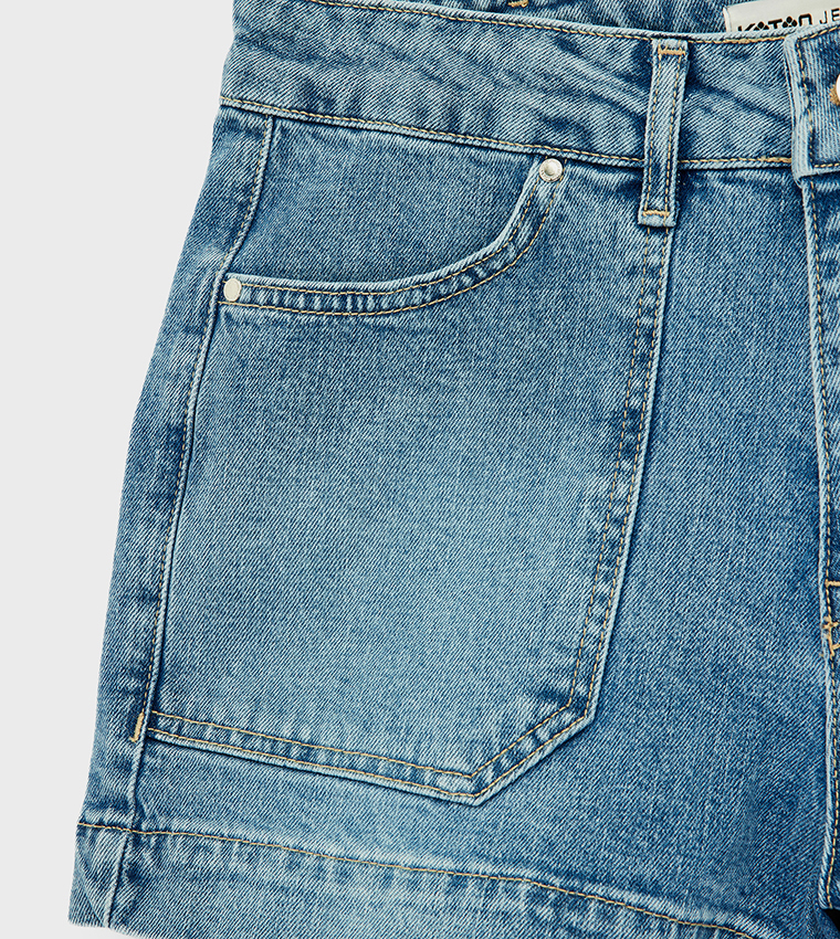 Washed Button Closure Denim Shorts