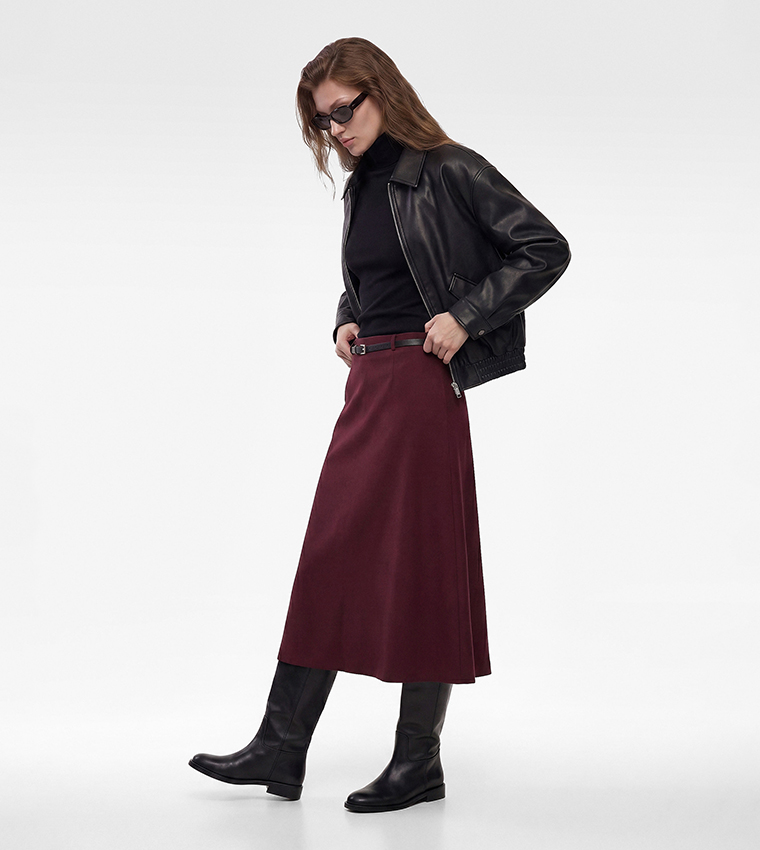 Solid Belted A-Line Midi Skirt