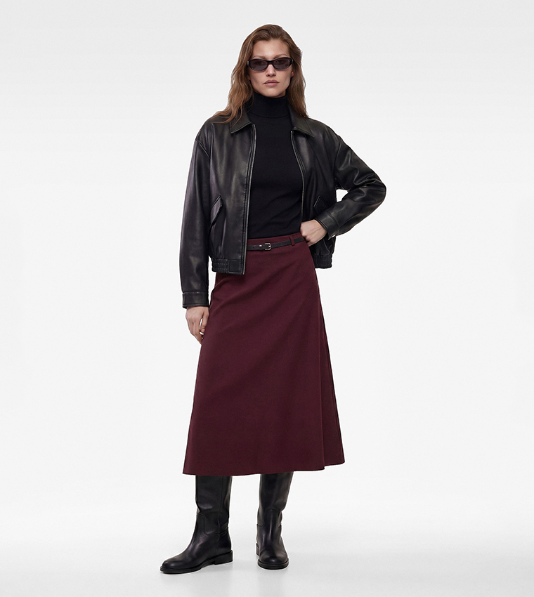 Solid Belted A-Line Midi Skirt