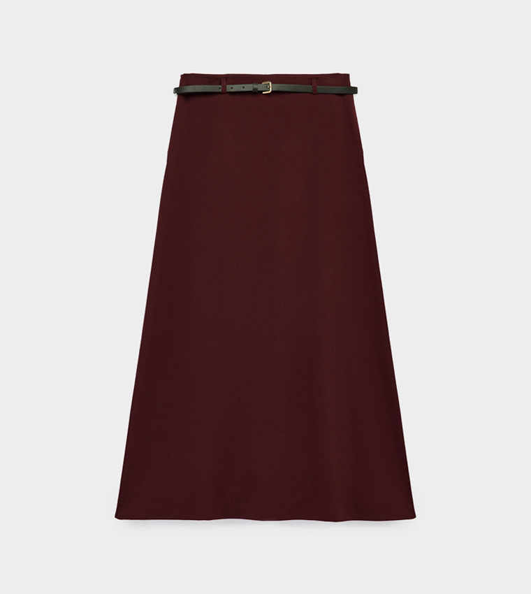Solid Belted A-Line Midi Skirt