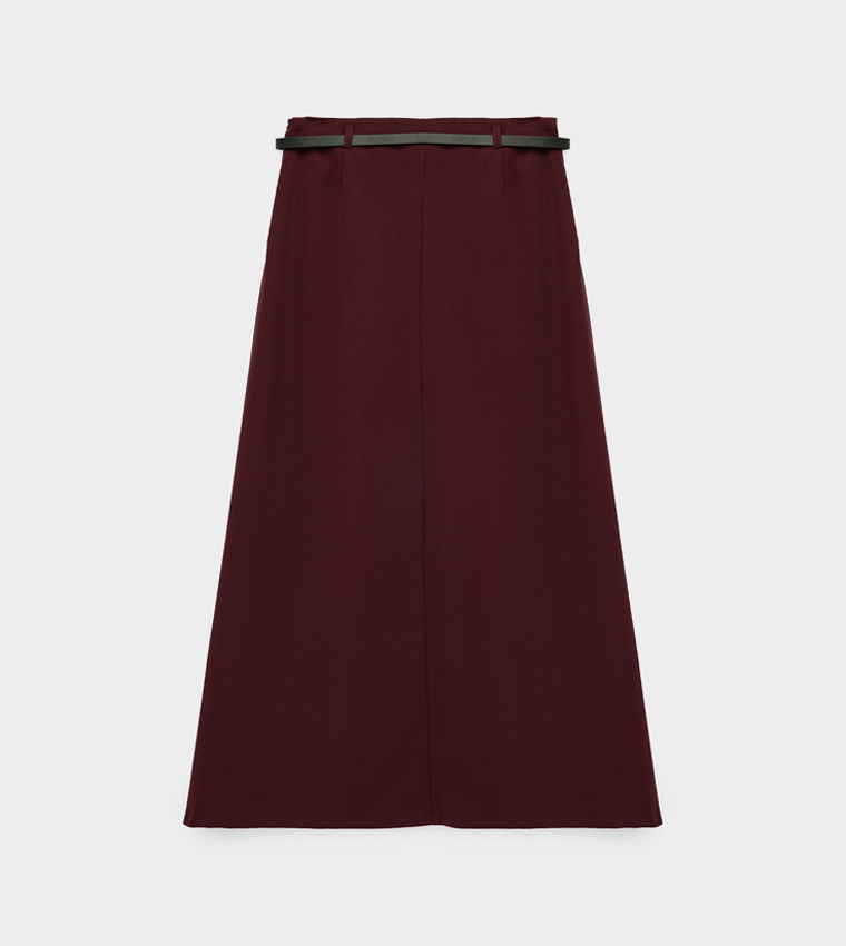 Solid Belted A-Line Midi Skirt