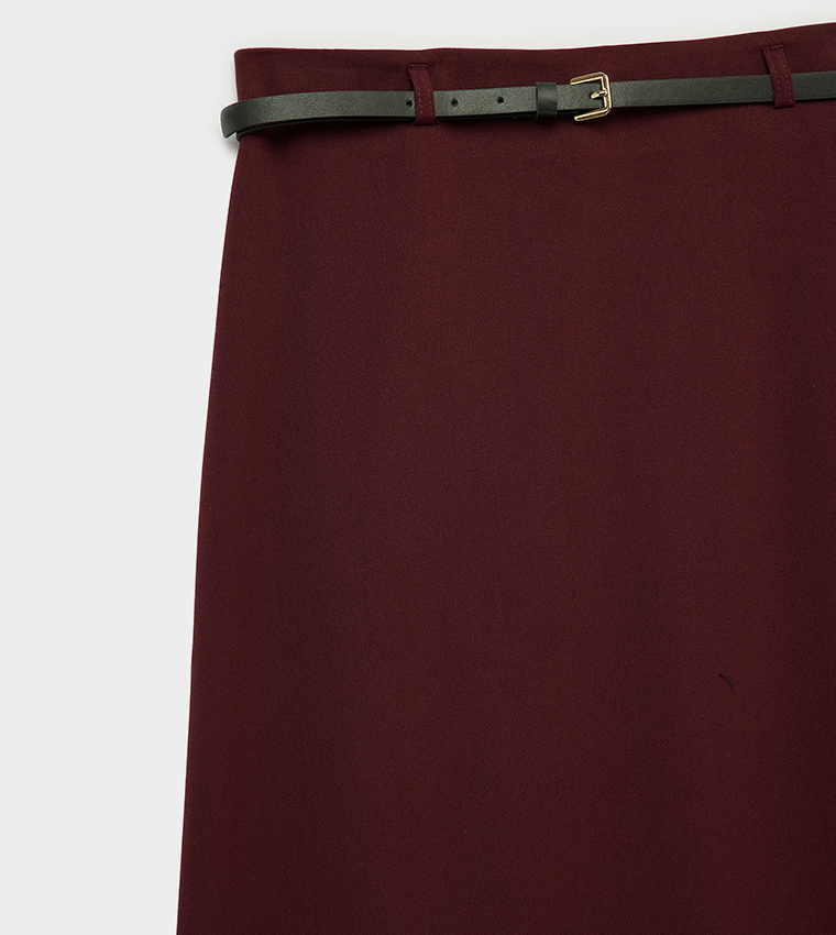 Solid Belted A-Line Midi Skirt