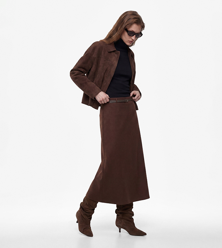 Solid Belted A-Line Midi Skirt