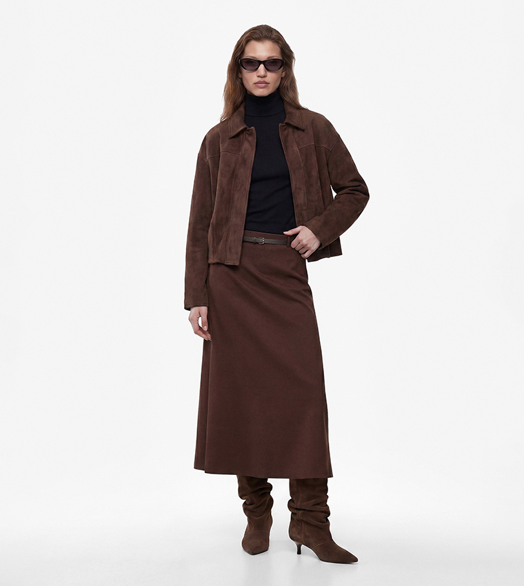 Solid Belted A-Line Midi Skirt