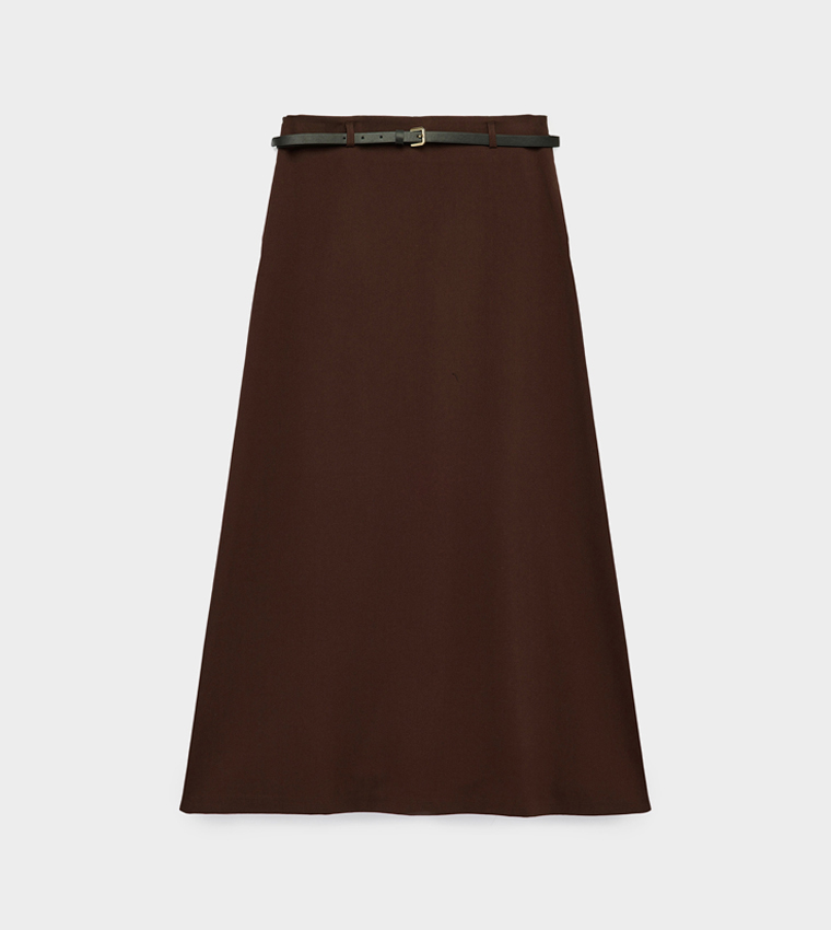 Solid Belted A-Line Midi Skirt