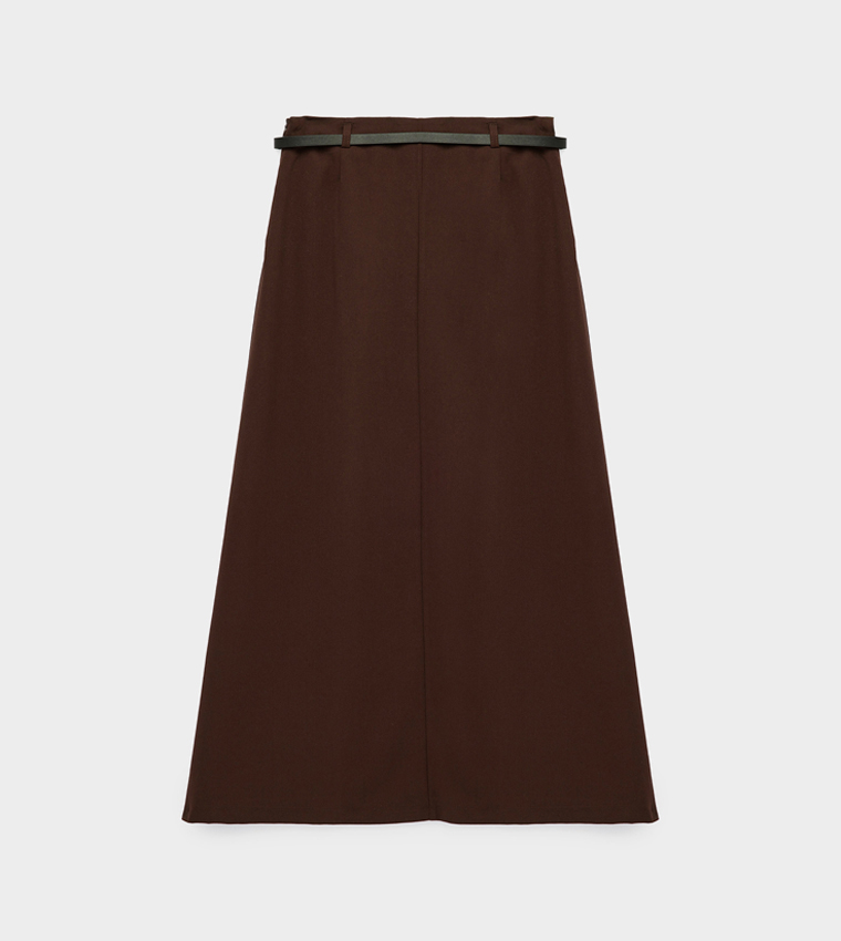 Solid Belted A-Line Midi Skirt