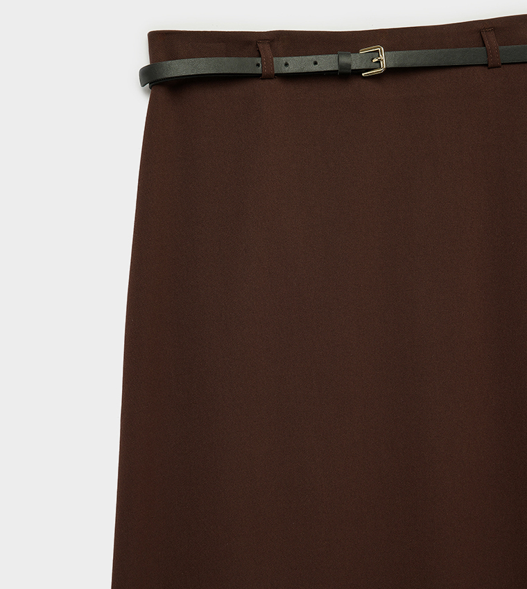 Solid Belted A-Line Midi Skirt