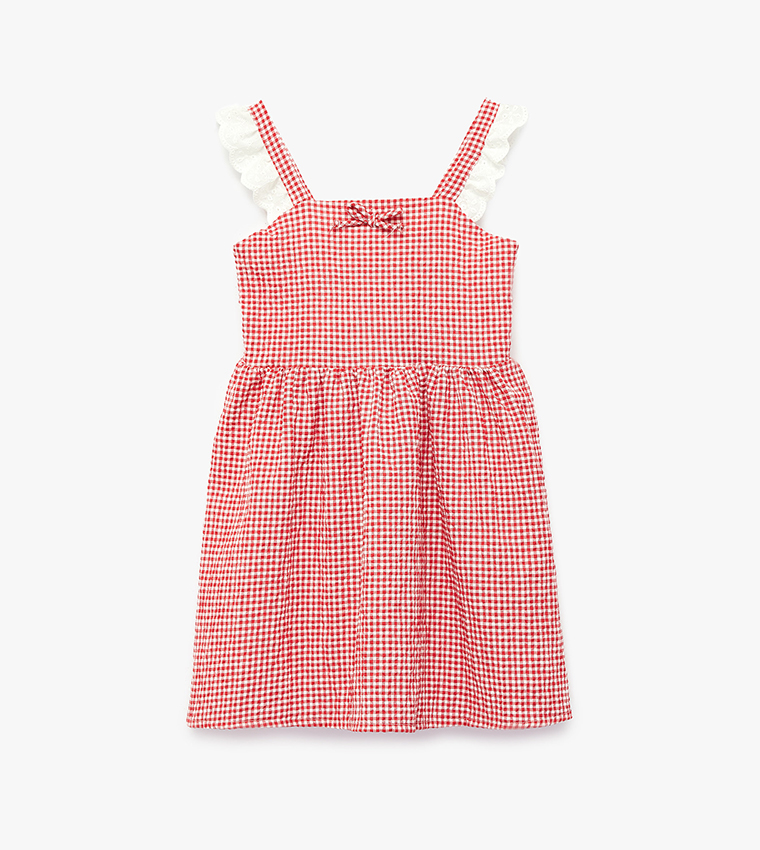 Check Bow Detail Flutter Strap A-Line Mini Dress