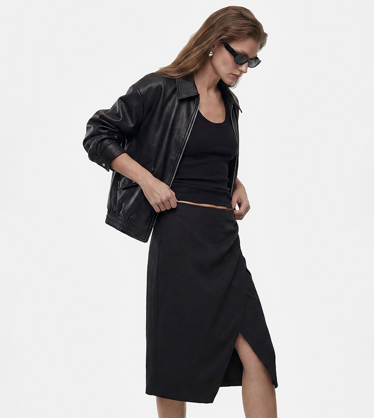 Solid Wrap Detail Midi Skirt