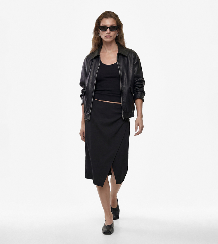 Solid Wrap Detail Midi Skirt