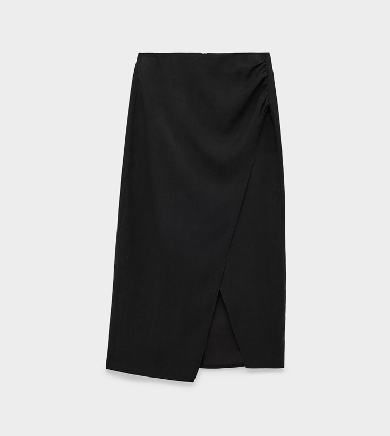 Solid Wrap Detail Midi Skirt