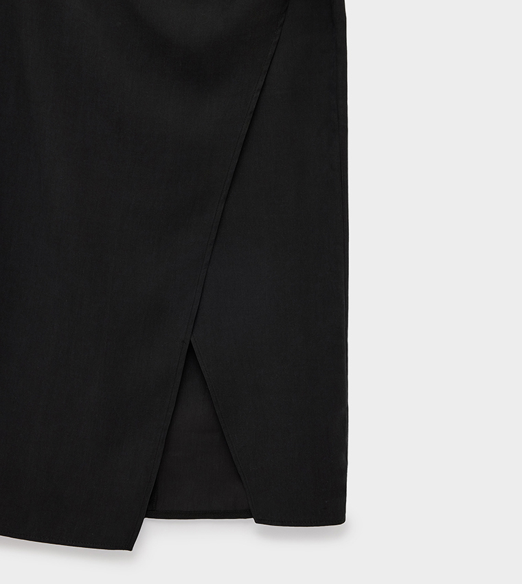 Solid Wrap Detail Midi Skirt