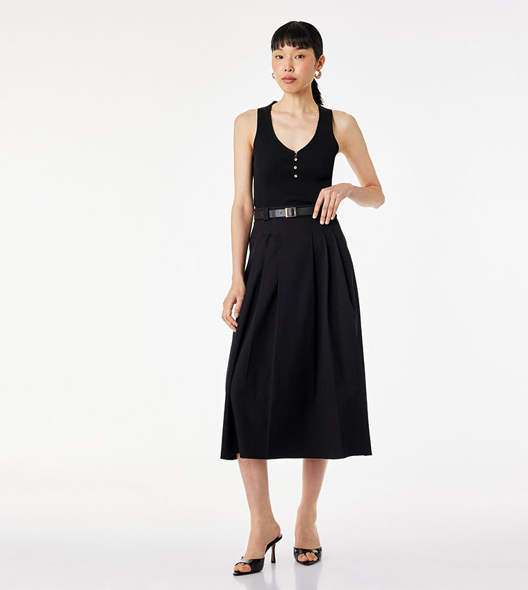 Solid Pleated Midi Skirt