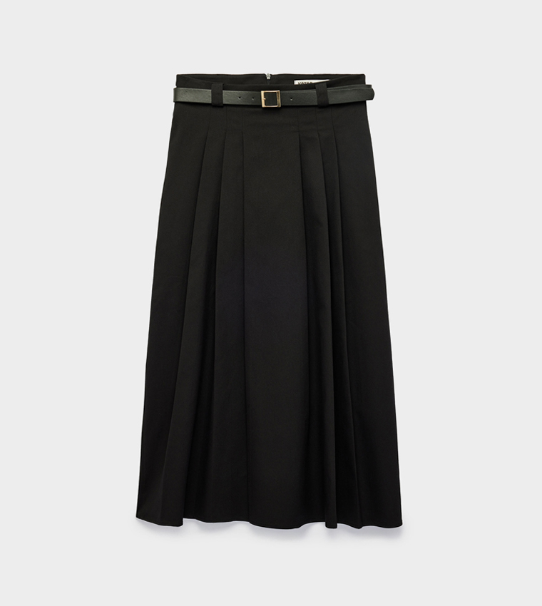 Solid Pleated Midi Skirt