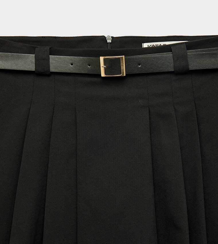 Solid Pleated Midi Skirt