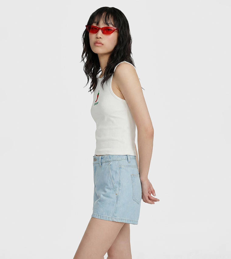 Washed Button Closure Denim Shorts