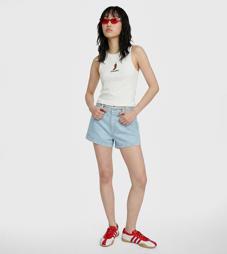 Washed Button Closure Denim Shorts