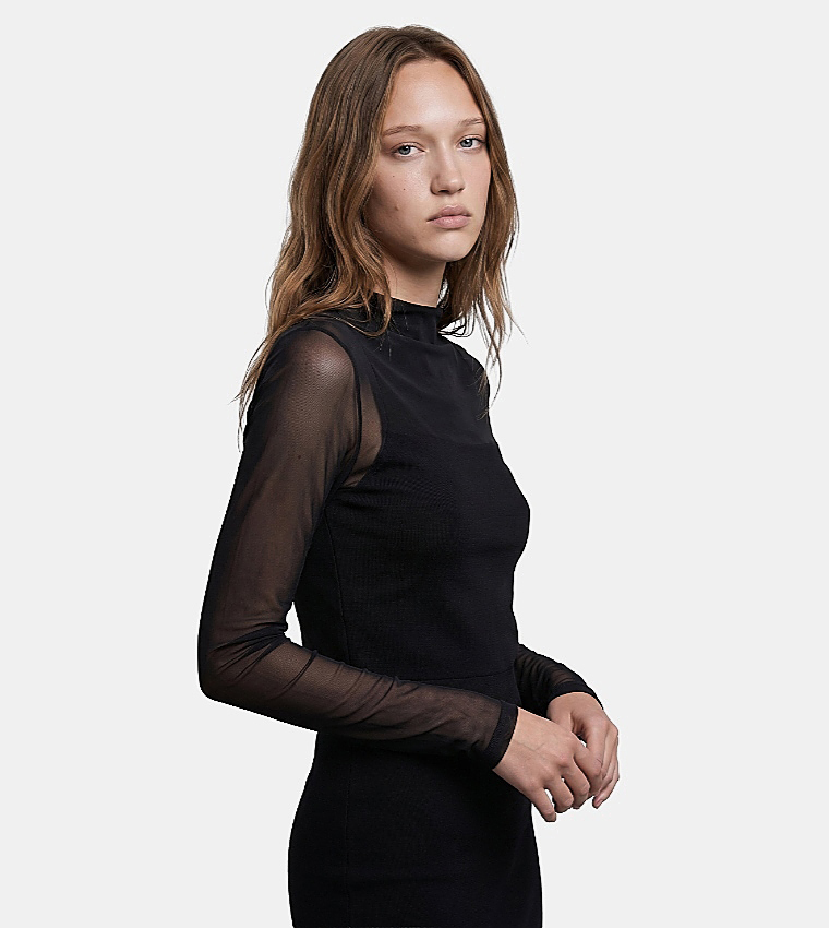 Solid Mesh Long Sleeves Top