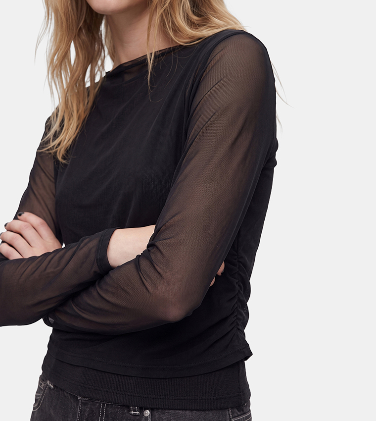 Solid Mesh Long Sleeves Top