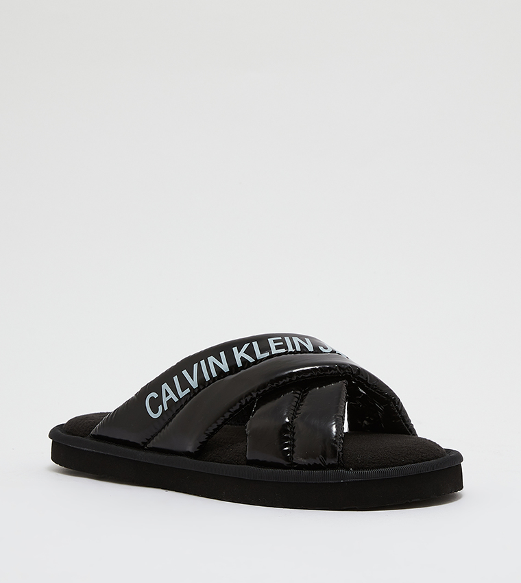 Buy Calvin Klein Quilted Cross Strap Sliders In Black  display picture 1