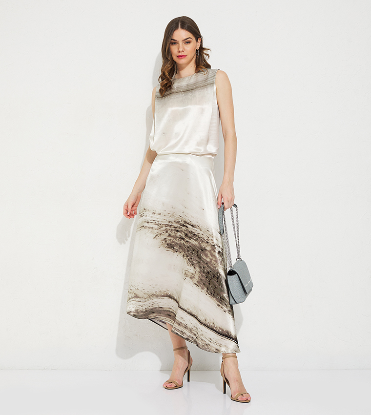 Printed Asymmetrical Satin Skirt