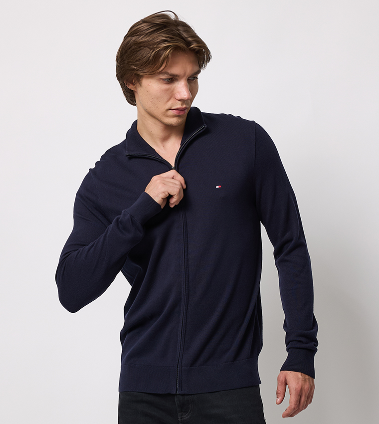 Solid High Neck Zip-Through Cardigan