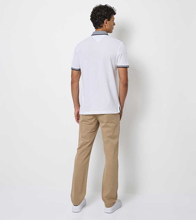 Logo Detail Contrast Trim Linen Polo T-Shirt