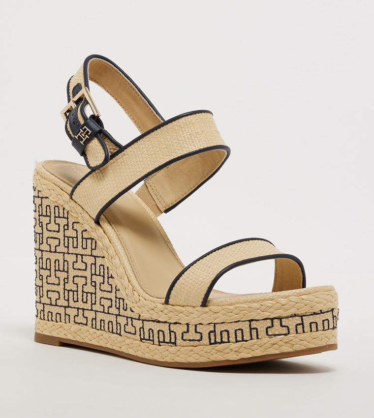Monogram Detail Open Toe Wedge Sandals