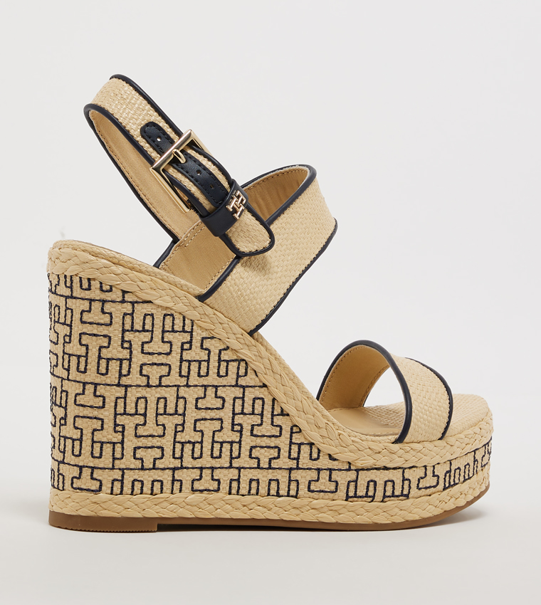 Monogram Detail Open Toe Wedge Sandals