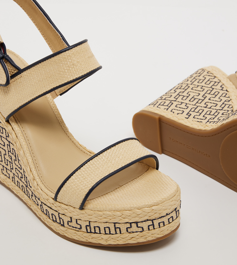 Monogram Detail Open Toe Wedge Sandals