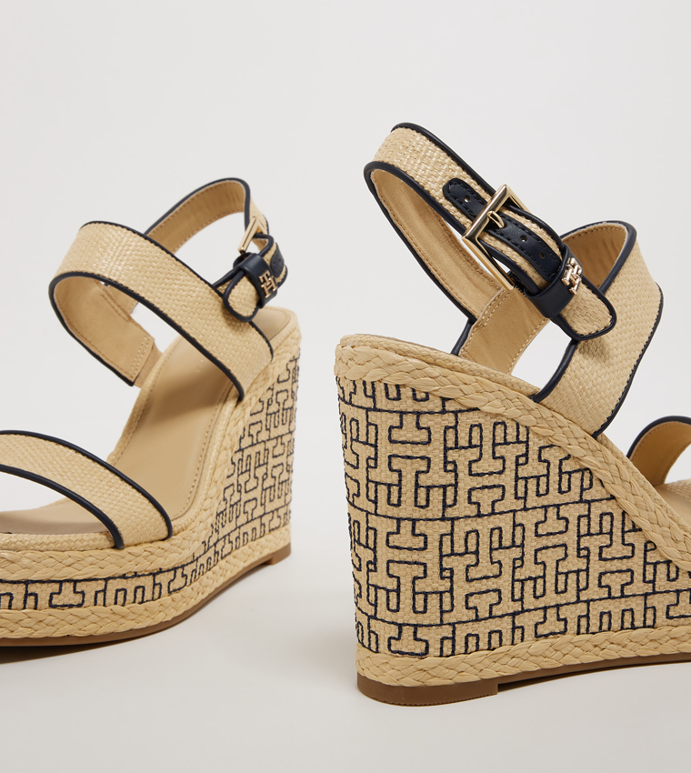Monogram Detail Open Toe Wedge Sandals