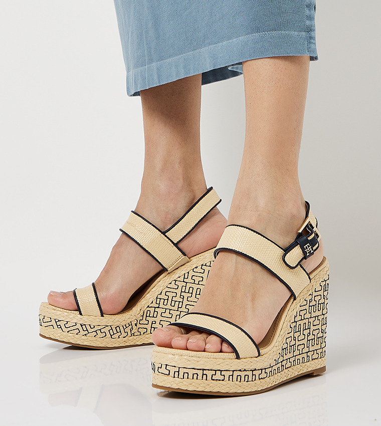 Monogram Detail Open Toe Wedge Sandals