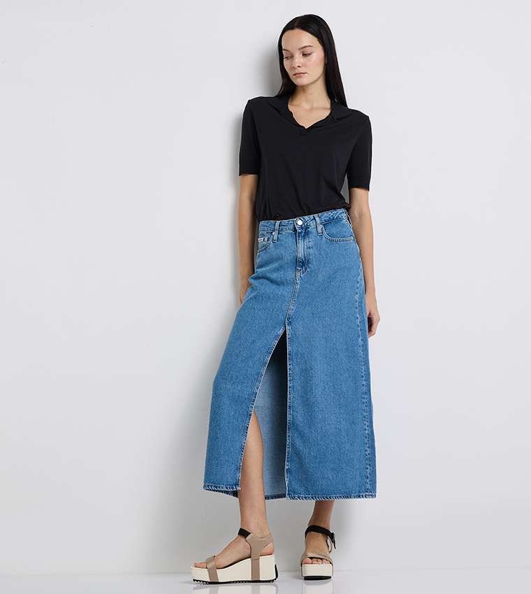Washed A-Line Maxi Denim Skirt