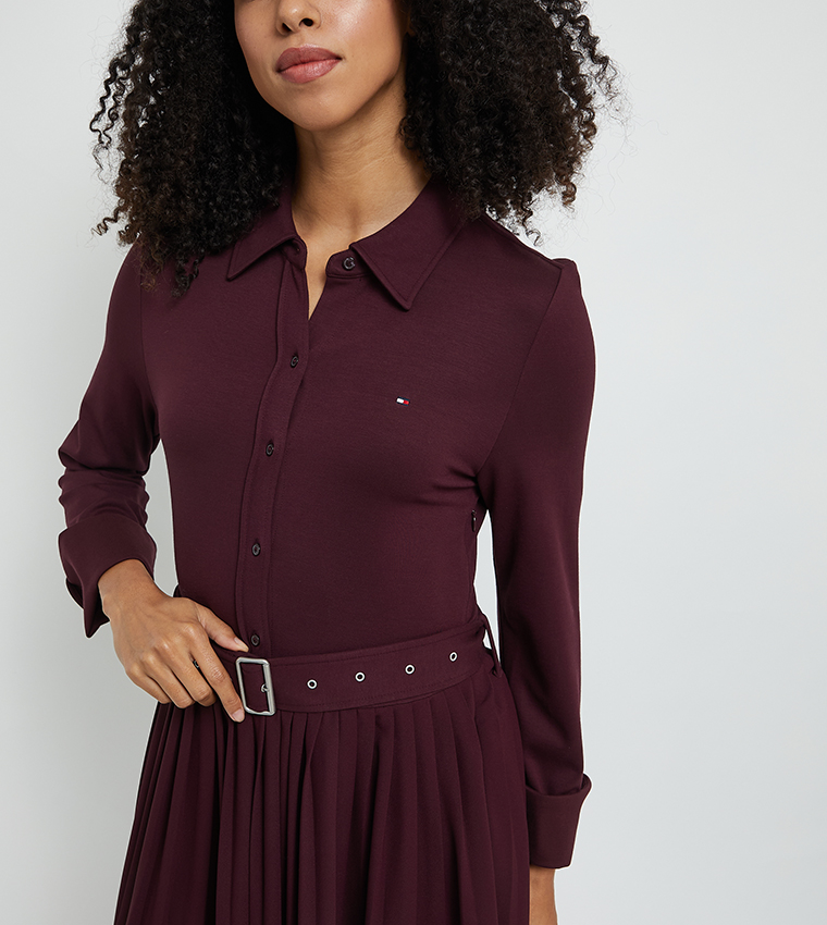 Solid Belted Pleated Midi Dress