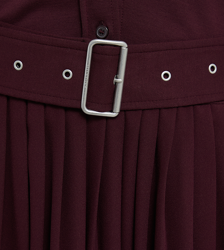 Solid Belted Pleated Midi Dress