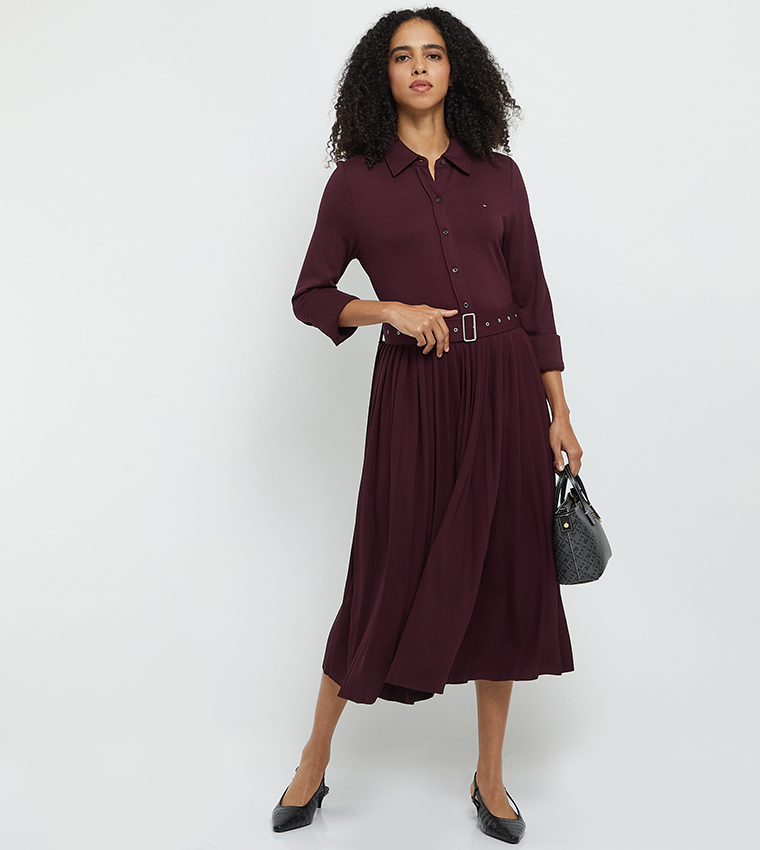 Solid Belted Pleated Midi Dress