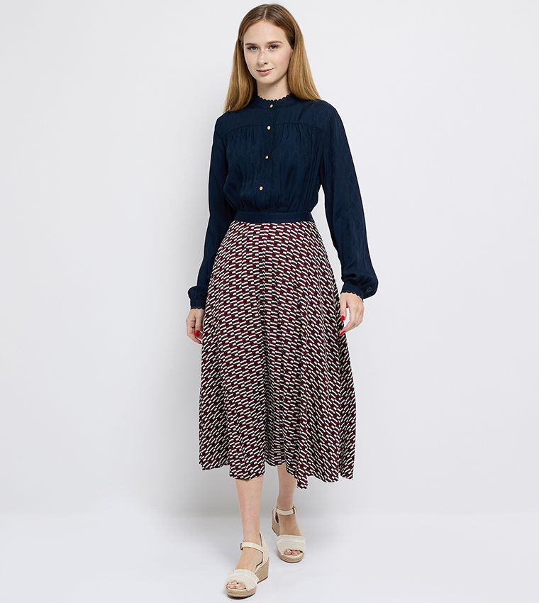 Monogram Printed Twill A-Line Midi Skirt
