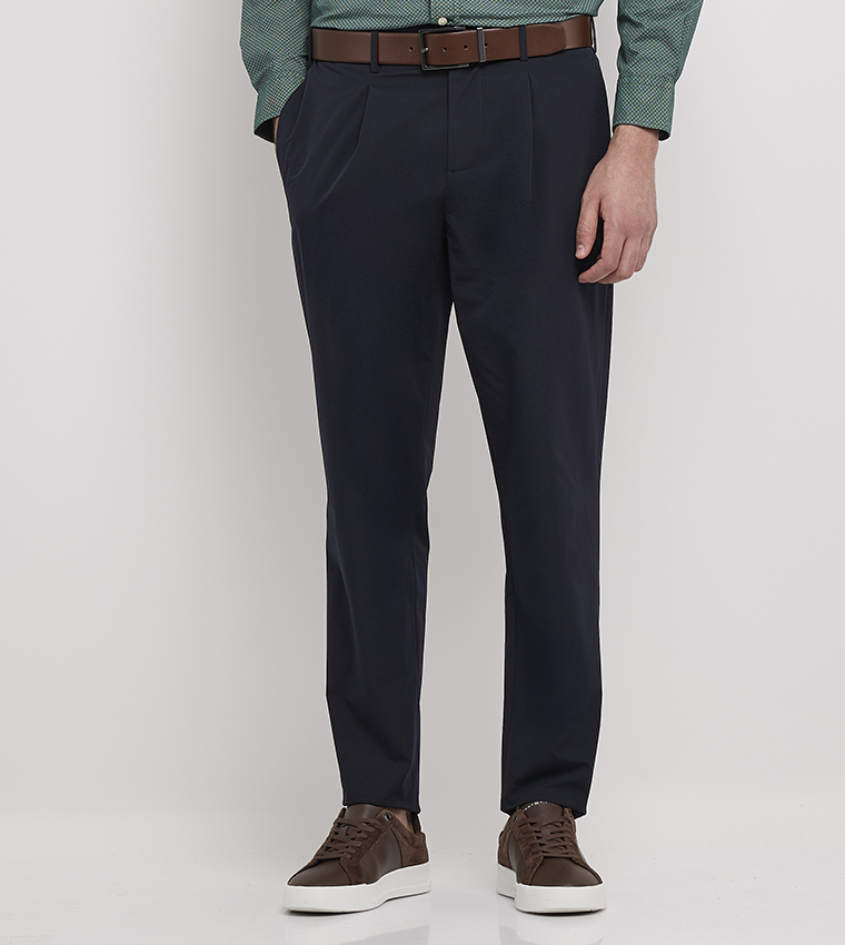 Textured Pleat Detail Straight Fit Pants