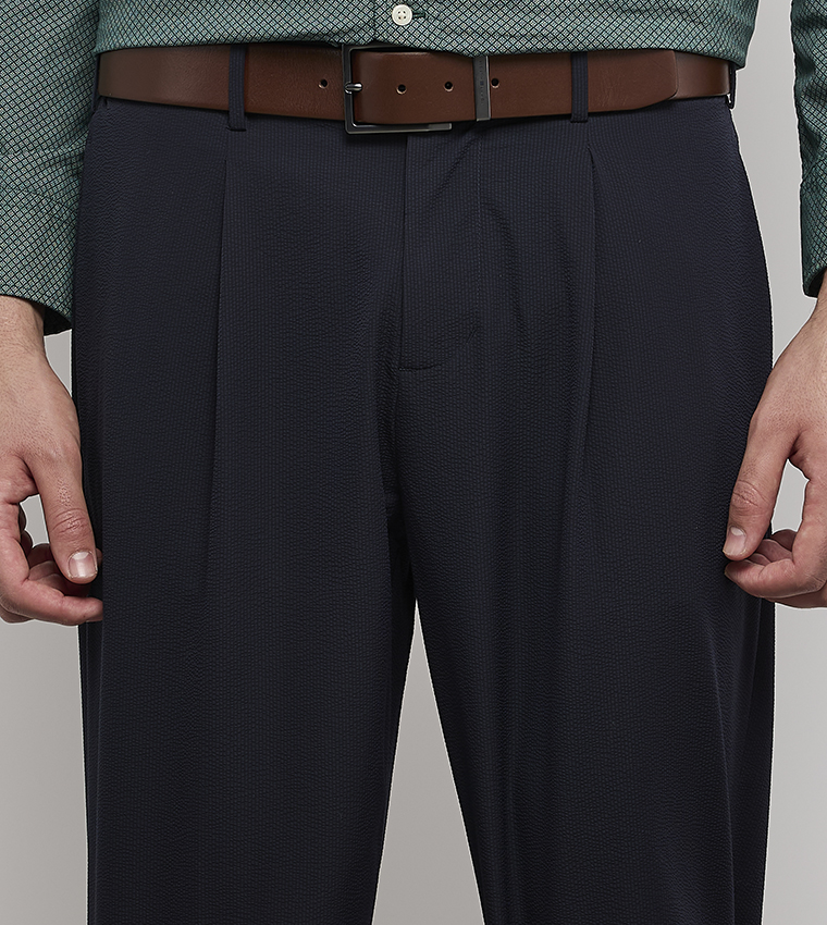 Textured Pleat Detail Straight Fit Pants