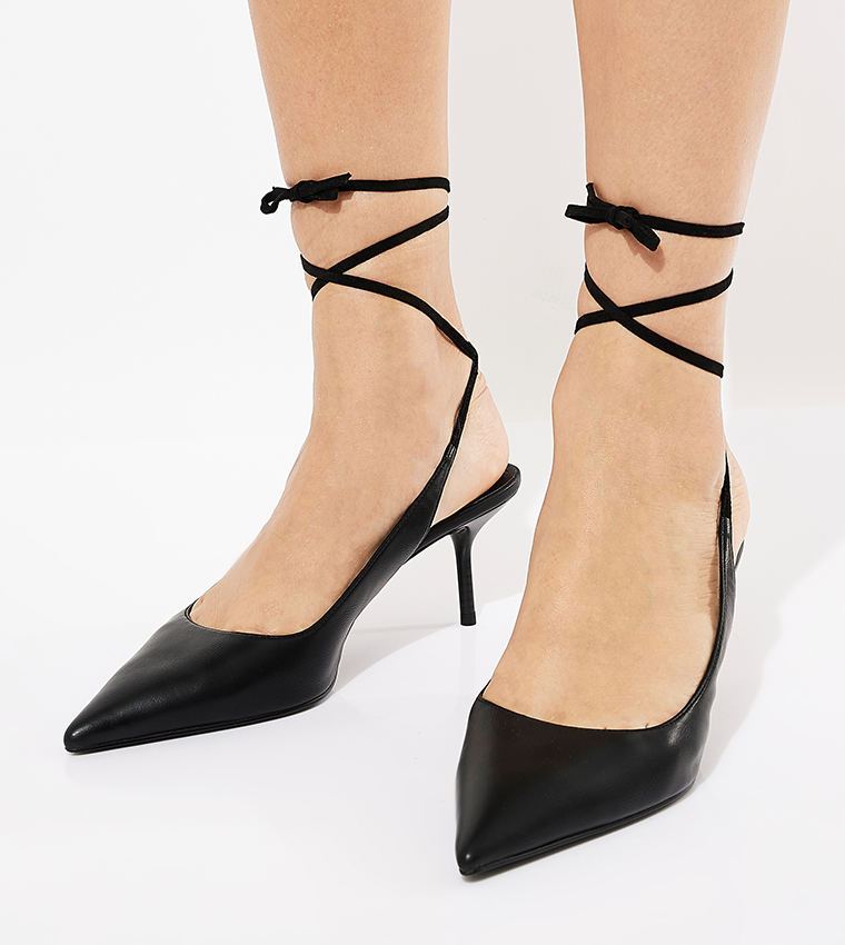 Textured Tie-Around Pointed-Toe Pumps