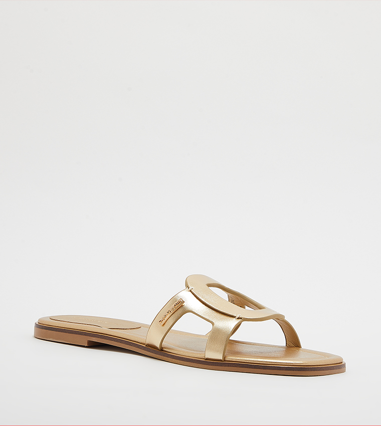 Metallic Cut-Out Detail Slide Sandals