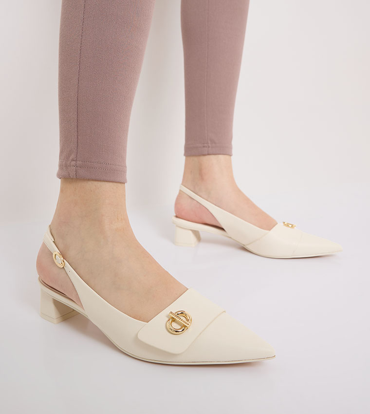 Metal Accent Pointed-Toe Slingback Pumps