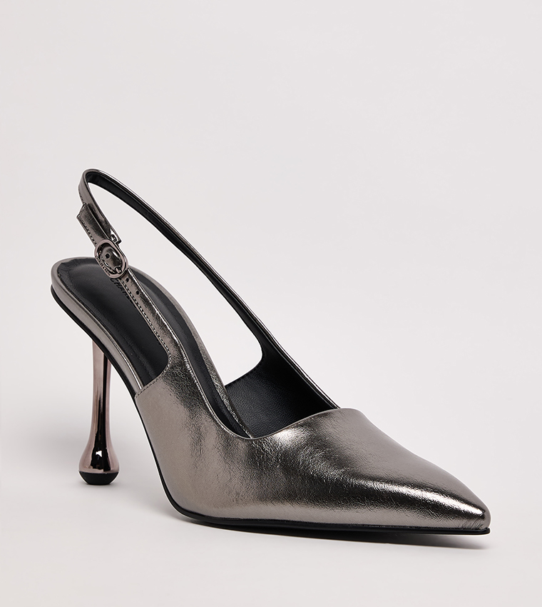 Metallic Sculptural Heel Slingback Pumps