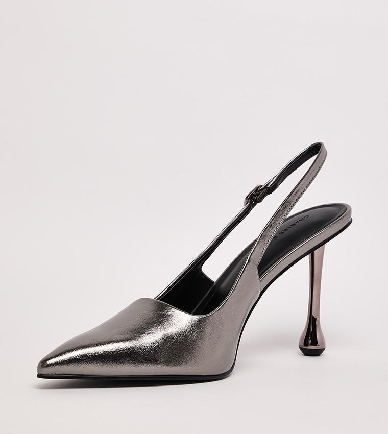 Metallic Sculptural Heel Slingback Pumps