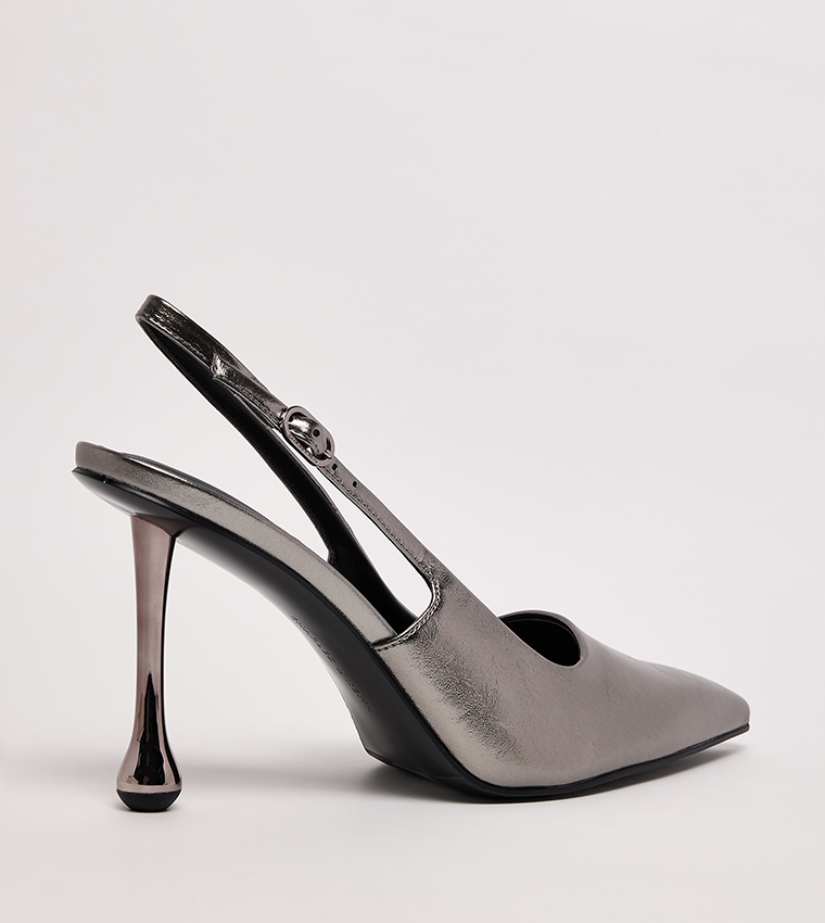 Metallic Sculptural Heel Slingback Pumps