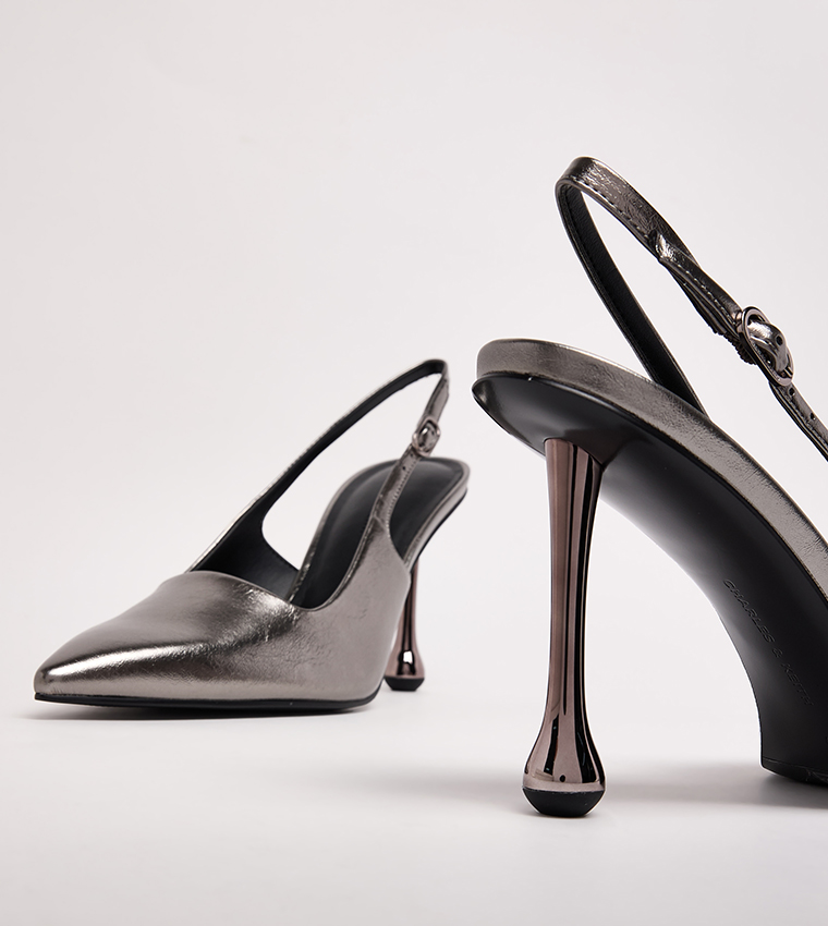 Metallic Sculptural Heel Slingback Pumps
