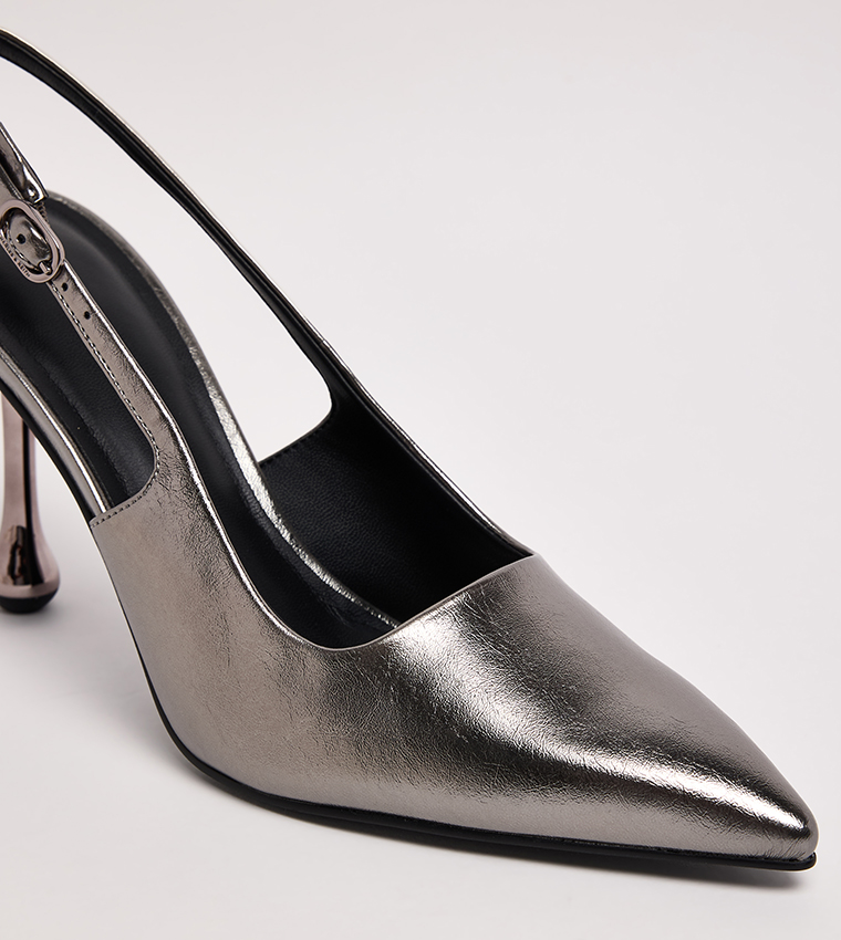 Metallic Sculptural Heel Slingback Pumps